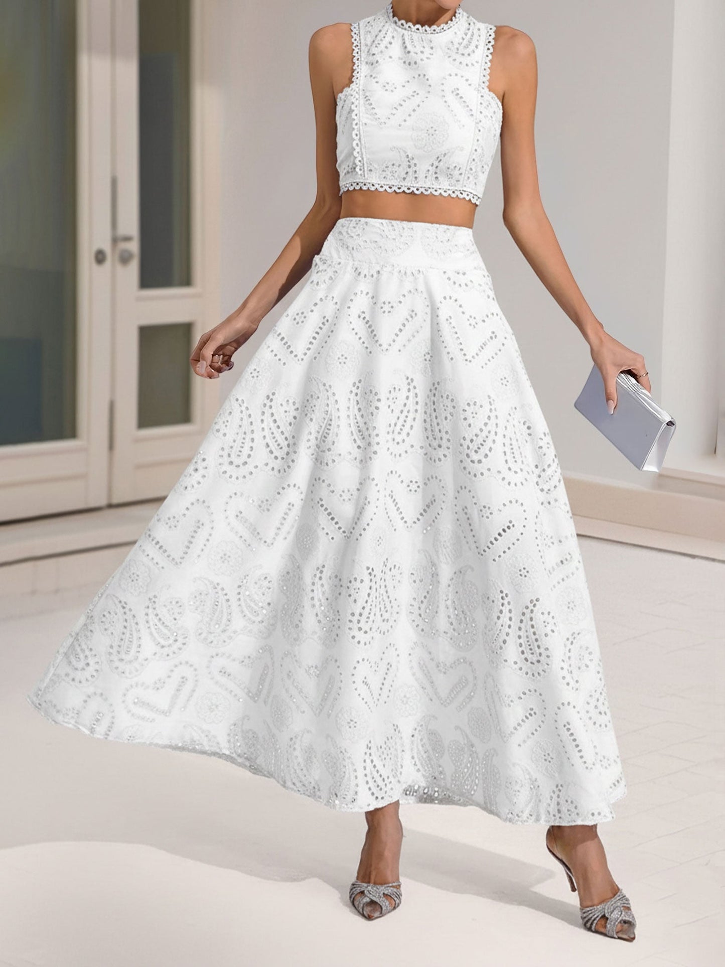 Elegant Maxi Skirt Set for Women with Halter Crop Top Two Piece Style