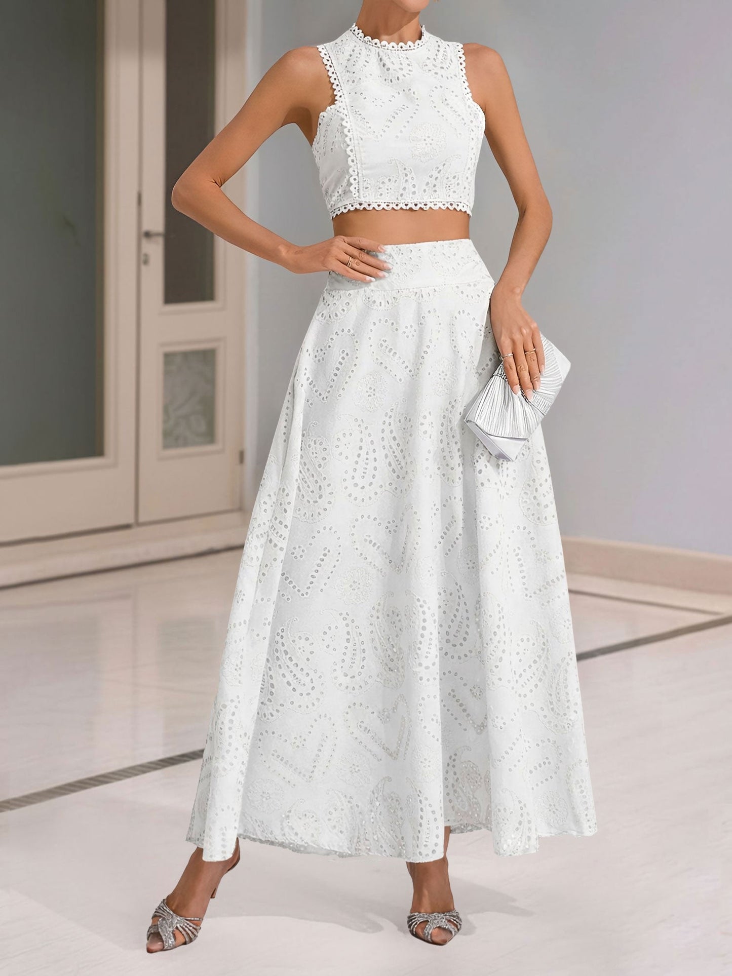 Elegant Maxi Skirt Set for Women with Halter Crop Top Two Piece Style