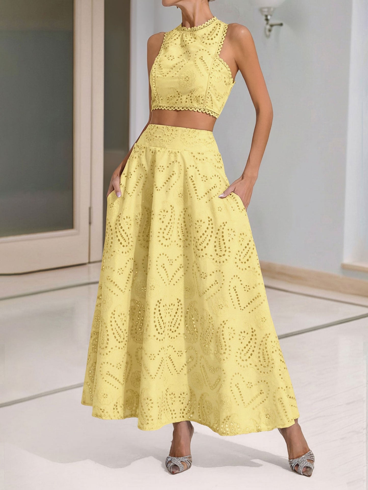 Elegant Maxi Skirt Set for Women with Halter Crop Top Two Piece Style