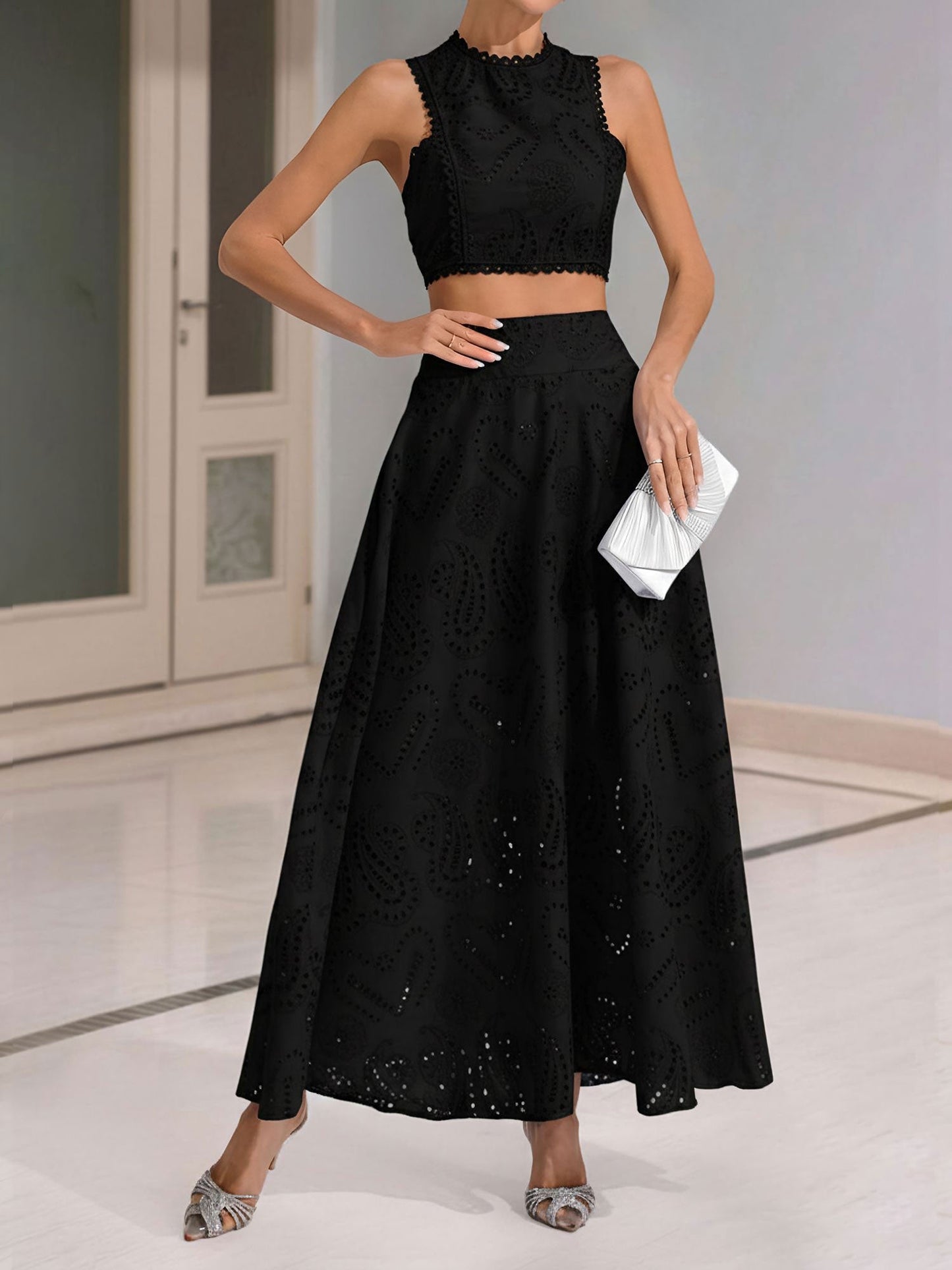 Elegant Maxi Skirt Set for Women with Halter Crop Top Two Piece Style