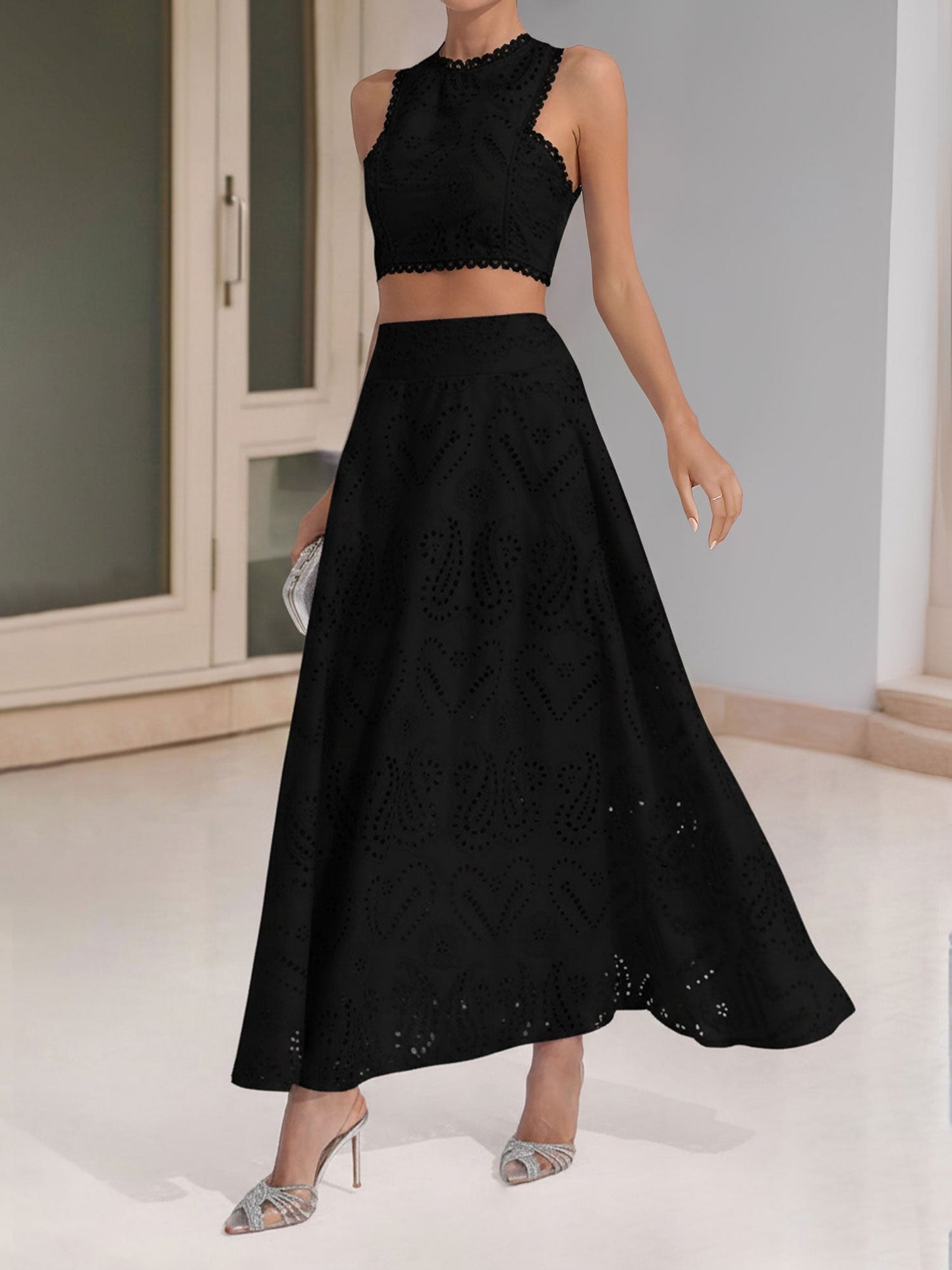 Elegant Maxi Skirt Set for Women with Halter Crop Top Two Piece Style