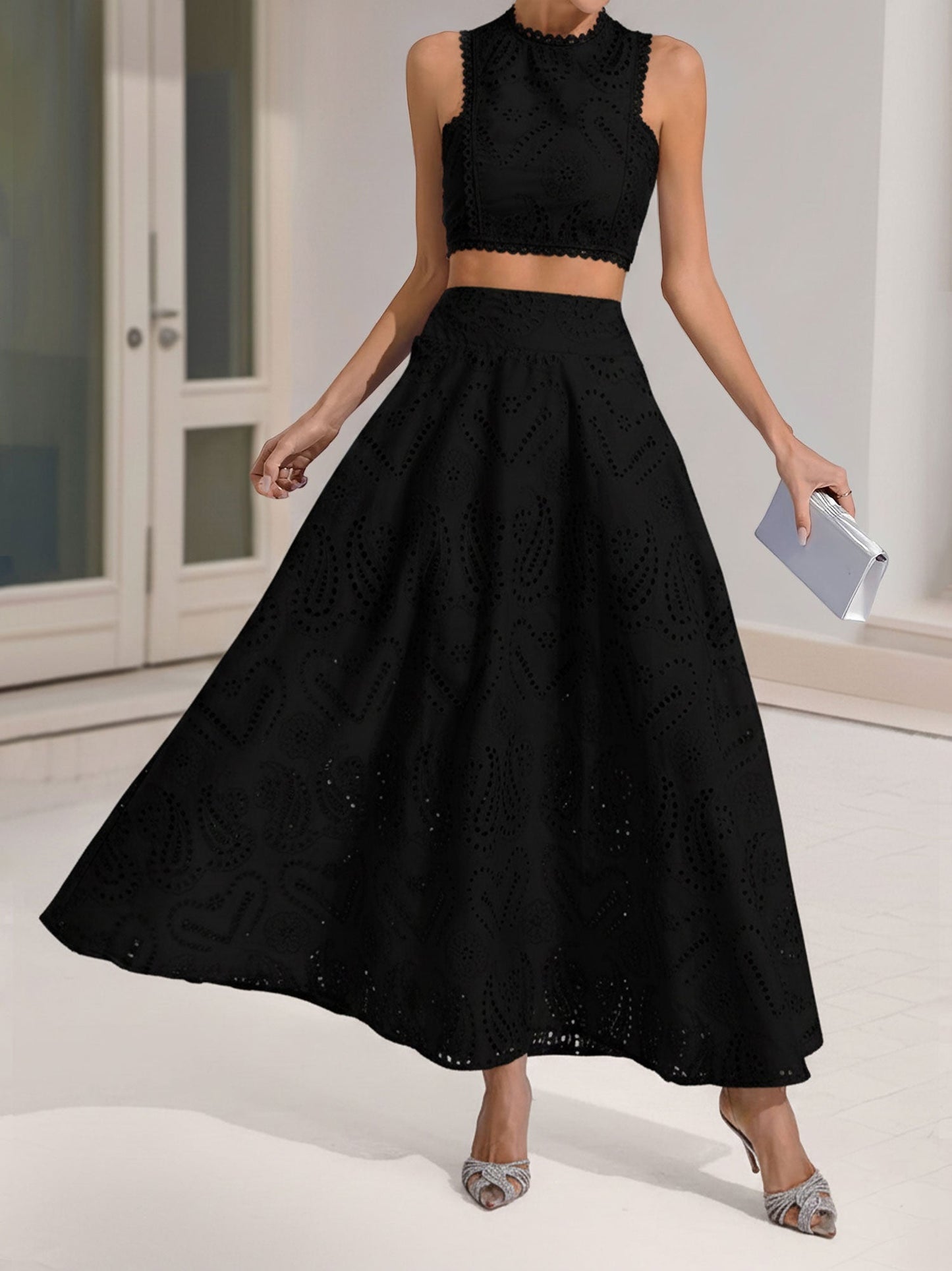 Elegant Maxi Skirt Set for Women with Halter Crop Top Two Piece Style