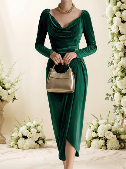 Elegant Midi Dress for Women with V Neck Long Sleeve Ruched Bodycon Mother Of The Bride Style