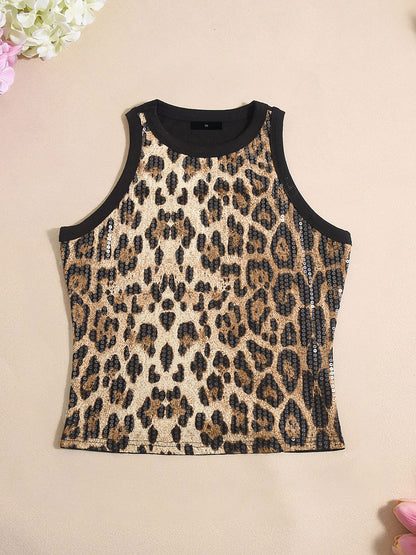 Effortless Leopard Blouses for Women with High Neck Sleeveless Fitted Tank Top Style