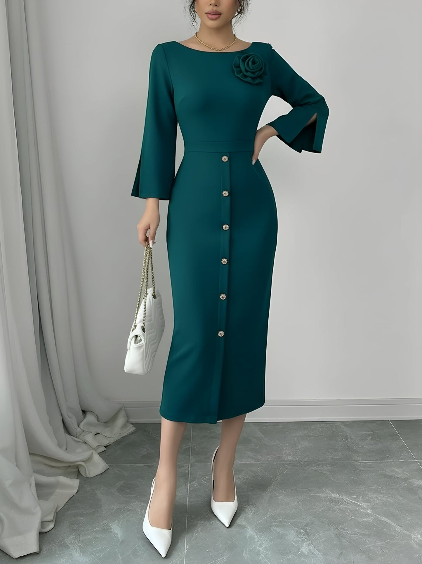 Elegant Midi Dress for Women with Round Neck Elbow Sleeve Button Front Bodycon Mother Of The Bride Style