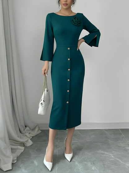 Elegant Midi Dress for Women with Round Neck Elbow Sleeve Button Front Bodycon Mother Of The Bride Style