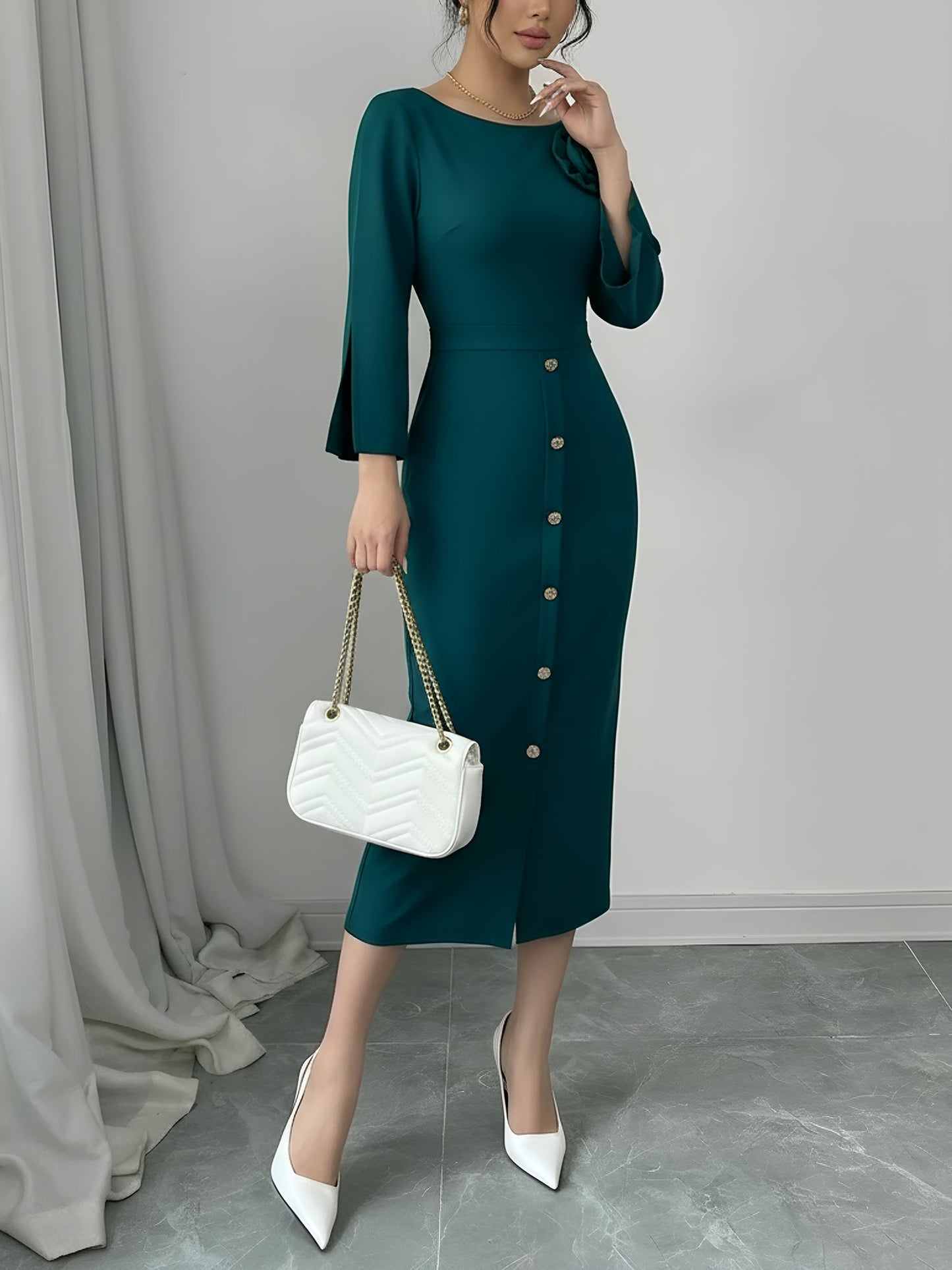 Elegant Midi Dress for Women with Round Neck Elbow Sleeve Button Front Bodycon Mother Of The Bride Style