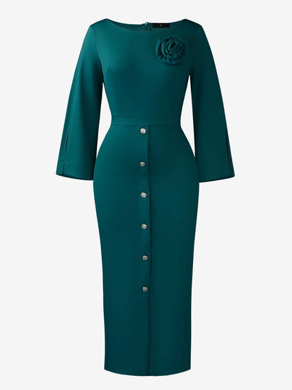Elegant Midi Dress for Women with Round Neck Elbow Sleeve Button Front Bodycon Mother Of The Bride Style