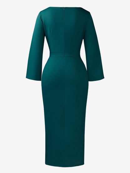 Elegant Midi Dress for Women with Round Neck Elbow Sleeve Button Front Bodycon Mother Of The Bride Style