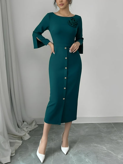 Elegant Midi Dress for Women with Round Neck Elbow Sleeve Button Front Bodycon Mother Of The Bride Style