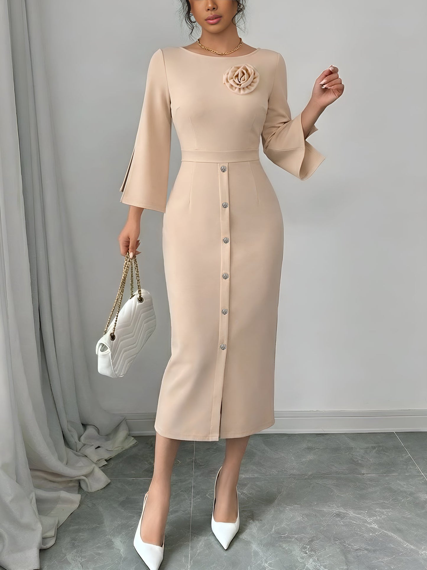 Elegant Midi Dress for Women with Round Neck Elbow Sleeve Button Front Bodycon Mother Of The Bride Style