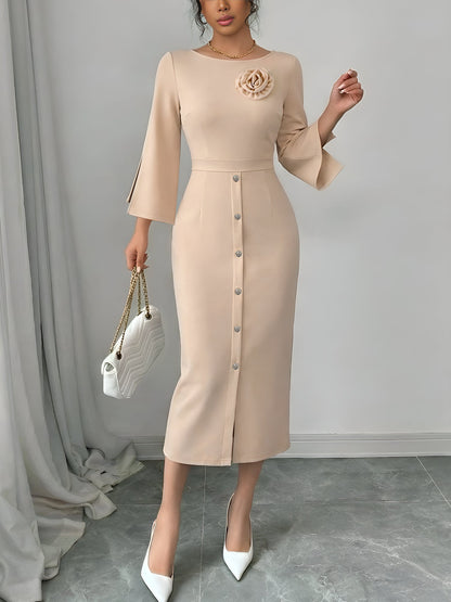 Elegant Midi Dress for Women with Round Neck Elbow Sleeve Button Front Bodycon Mother Of The Bride Style