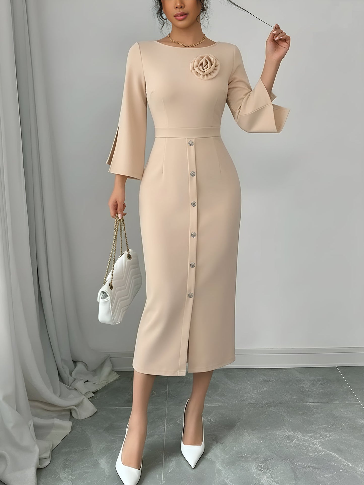 Elegant Midi Dress for Women with Round Neck Elbow Sleeve Button Front Bodycon Mother Of The Bride Style