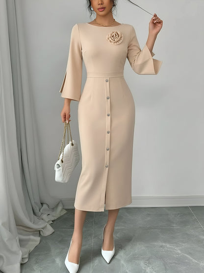 Elegant Midi Dress for Women with Round Neck Elbow Sleeve Button Front Bodycon Mother Of The Bride Style