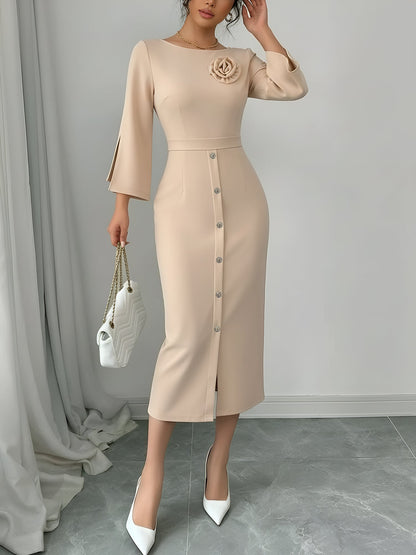 Elegant Midi Dress for Women with Round Neck Elbow Sleeve Button Front Bodycon Mother Of The Bride Style