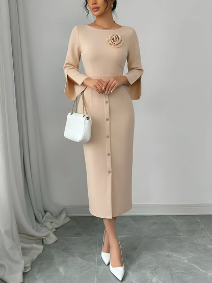 Elegant Midi Dress for Women with Round Neck Elbow Sleeve Button Front Bodycon Mother Of The Bride Style