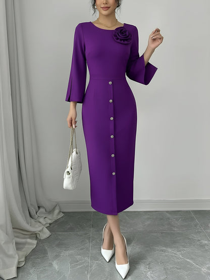 Elegant Midi Dress for Women with Round Neck Elbow Sleeve Button Front Bodycon Mother Of The Bride Style