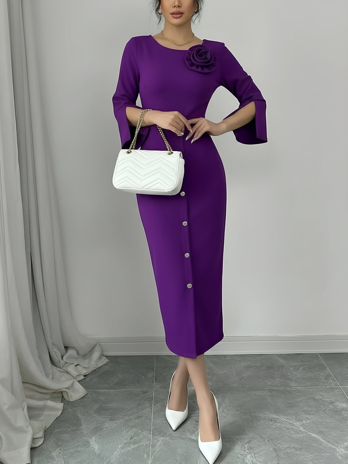 Elegant Midi Dress for Women with Round Neck Elbow Sleeve Button Front Bodycon Mother Of The Bride Style