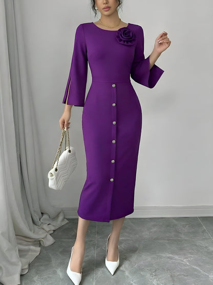 Elegant Midi Dress for Women with Round Neck Elbow Sleeve Button Front Bodycon Mother Of The Bride Style