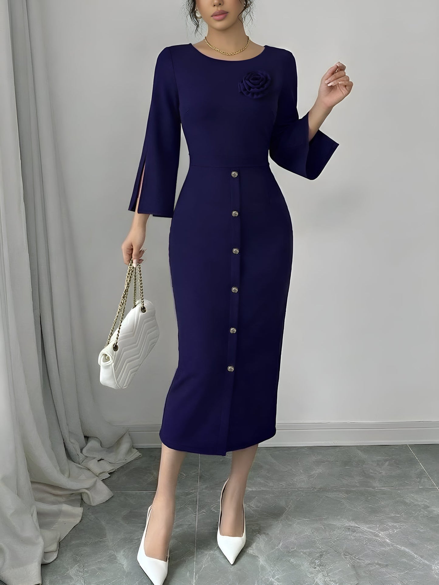Elegant Midi Dress for Women with Round Neck Elbow Sleeve Button Front Bodycon Mother Of The Bride Style