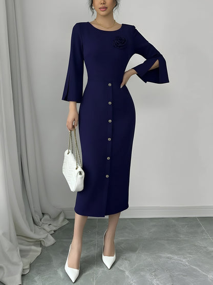 Elegant Midi Dress for Women with Round Neck Elbow Sleeve Button Front Bodycon Mother Of The Bride Style