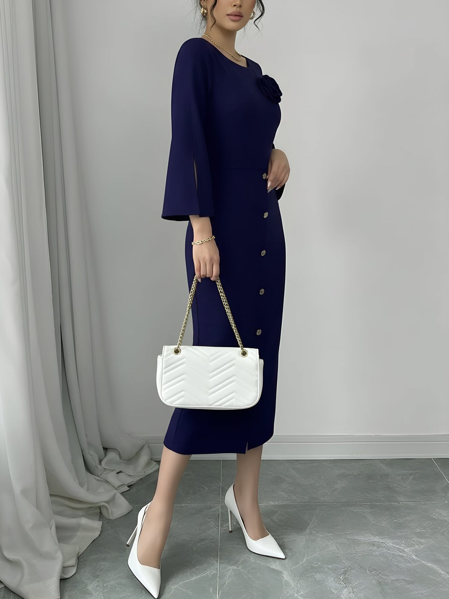 Elegant Midi Dress for Women with Round Neck Elbow Sleeve Button Front Bodycon Mother Of The Bride Style