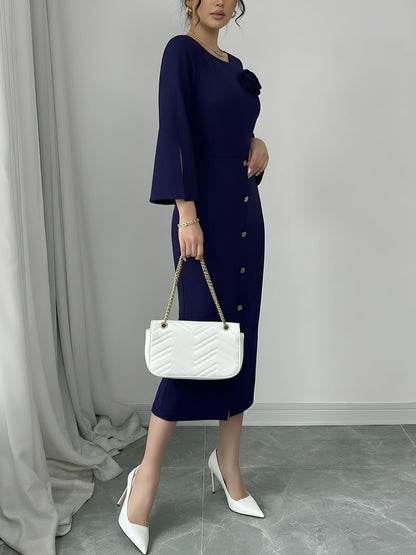 Elegant Midi Dress for Women with Round Neck Elbow Sleeve Button Front Bodycon Mother Of The Bride Style