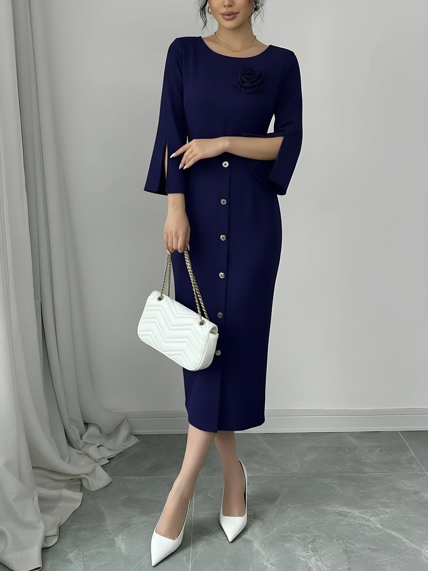 Elegant Midi Dress for Women with Round Neck Elbow Sleeve Button Front Bodycon Mother Of The Bride Style