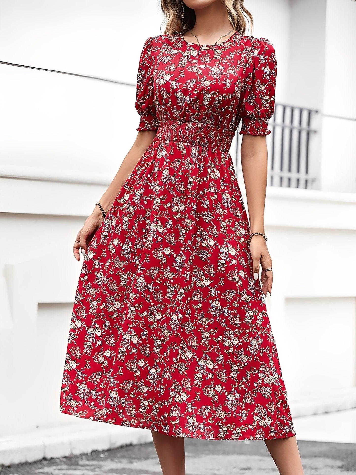 Elegant Red Floral Dress for Women with Puff Sleeve High Low Flowy Midi Style