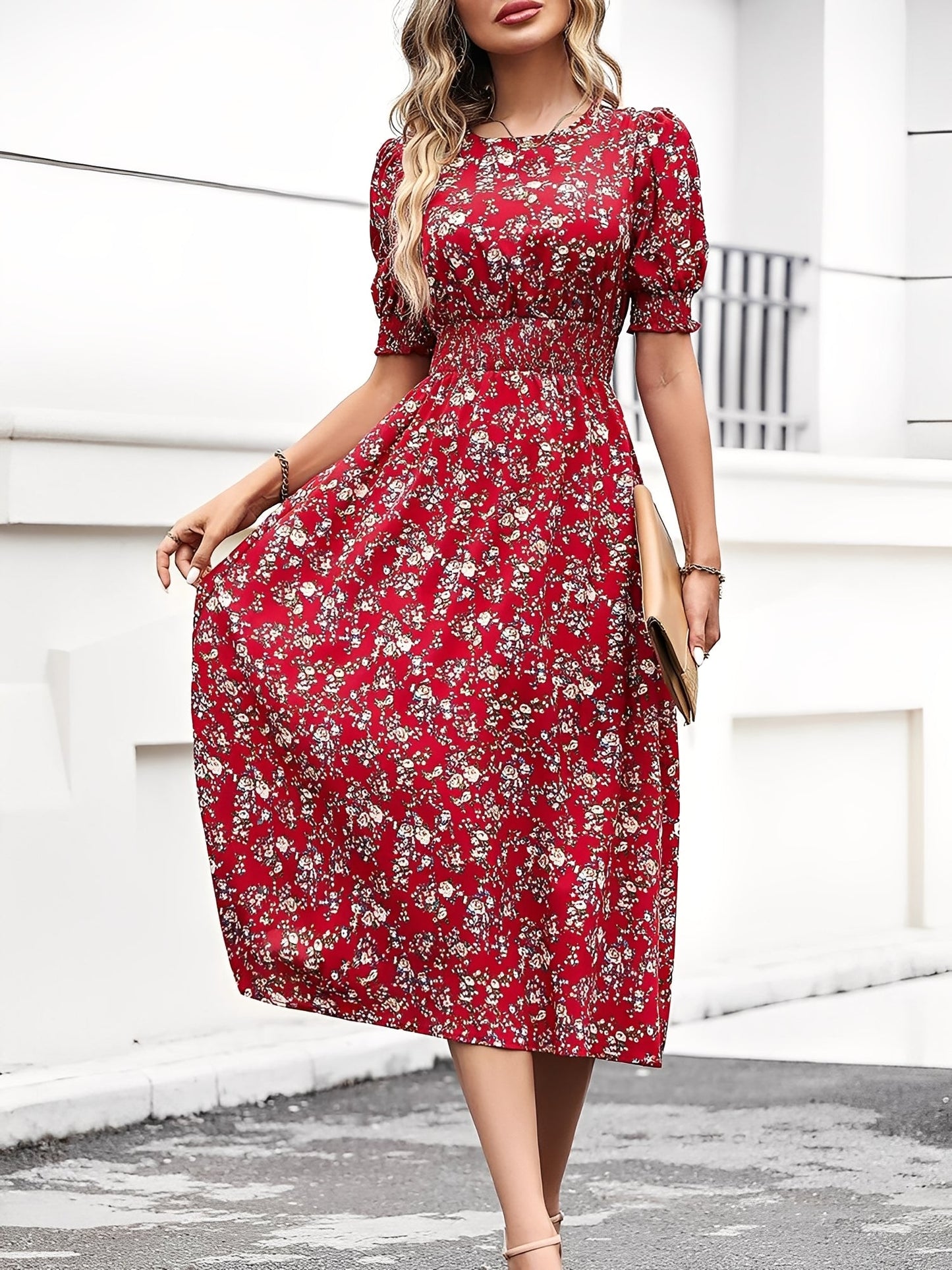 Elegant Red Floral Dress for Women with Puff Sleeve High Low Flowy Midi Style