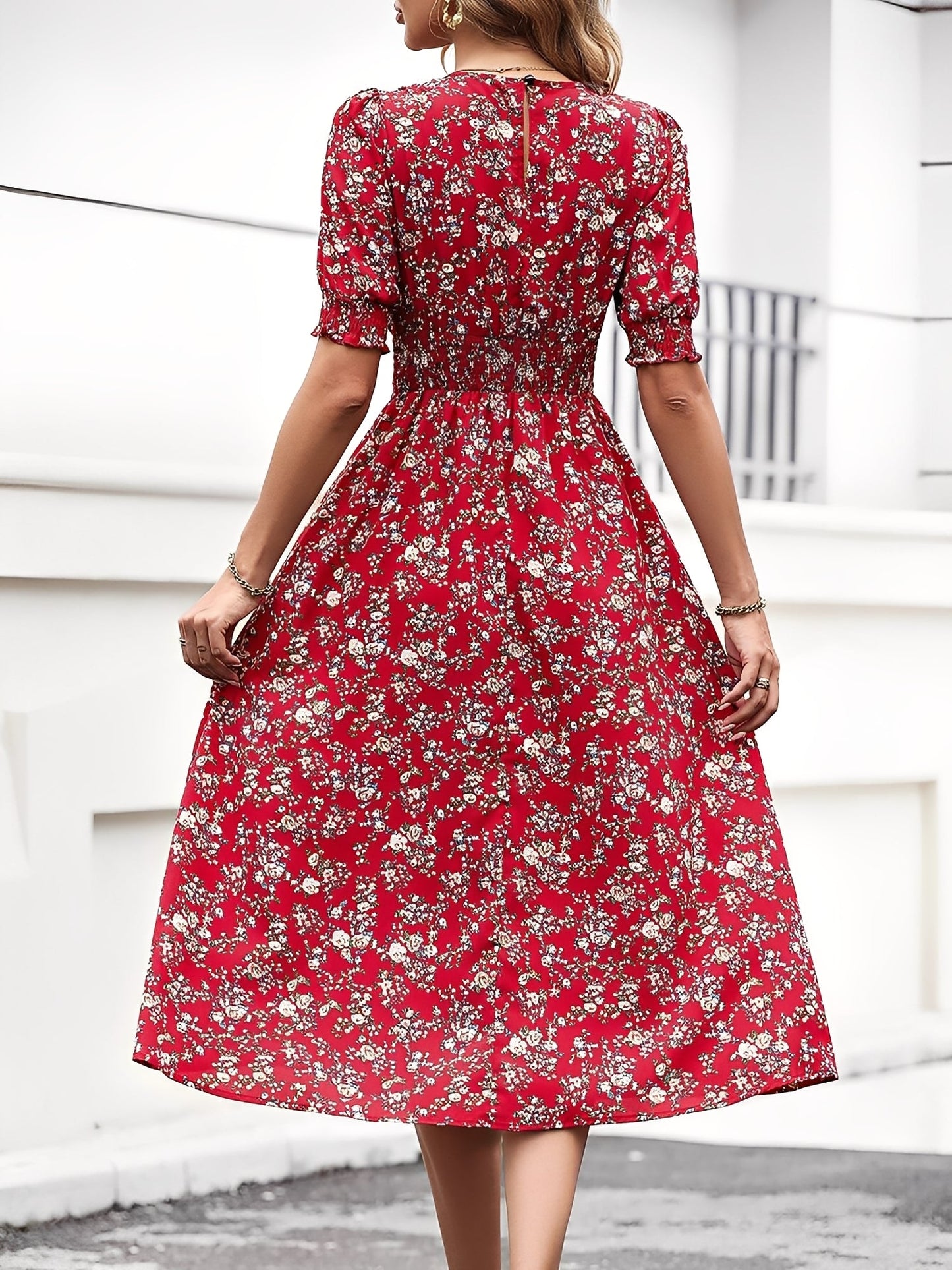 Elegant Red Floral Dress for Women with Puff Sleeve High Low Flowy Midi Style