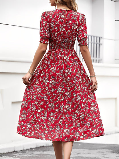 Elegant Red Floral Dress for Women with Puff Sleeve High Low Flowy Midi Style