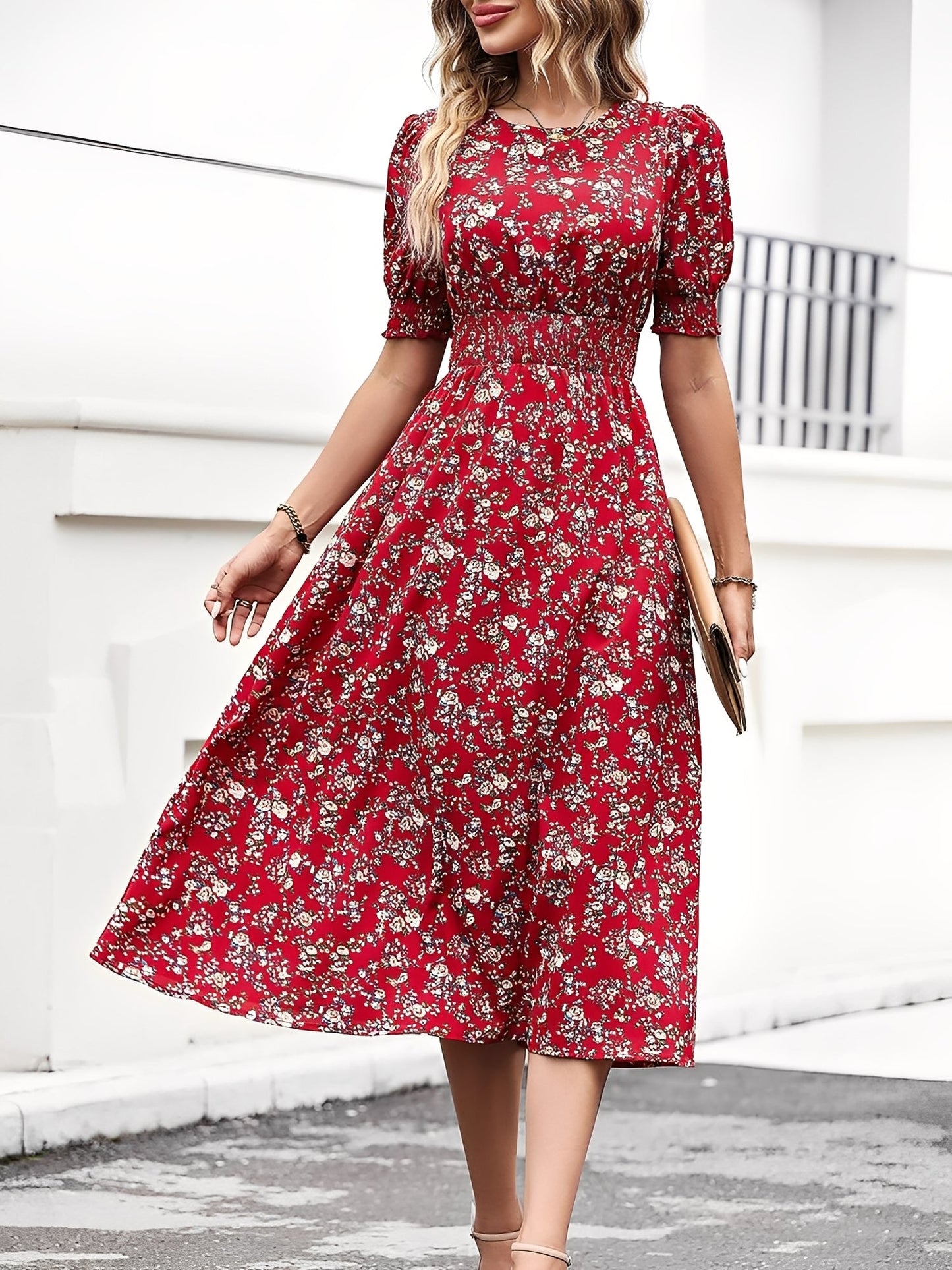 Elegant Red Floral Dress for Women with Puff Sleeve High Low Flowy Midi Style