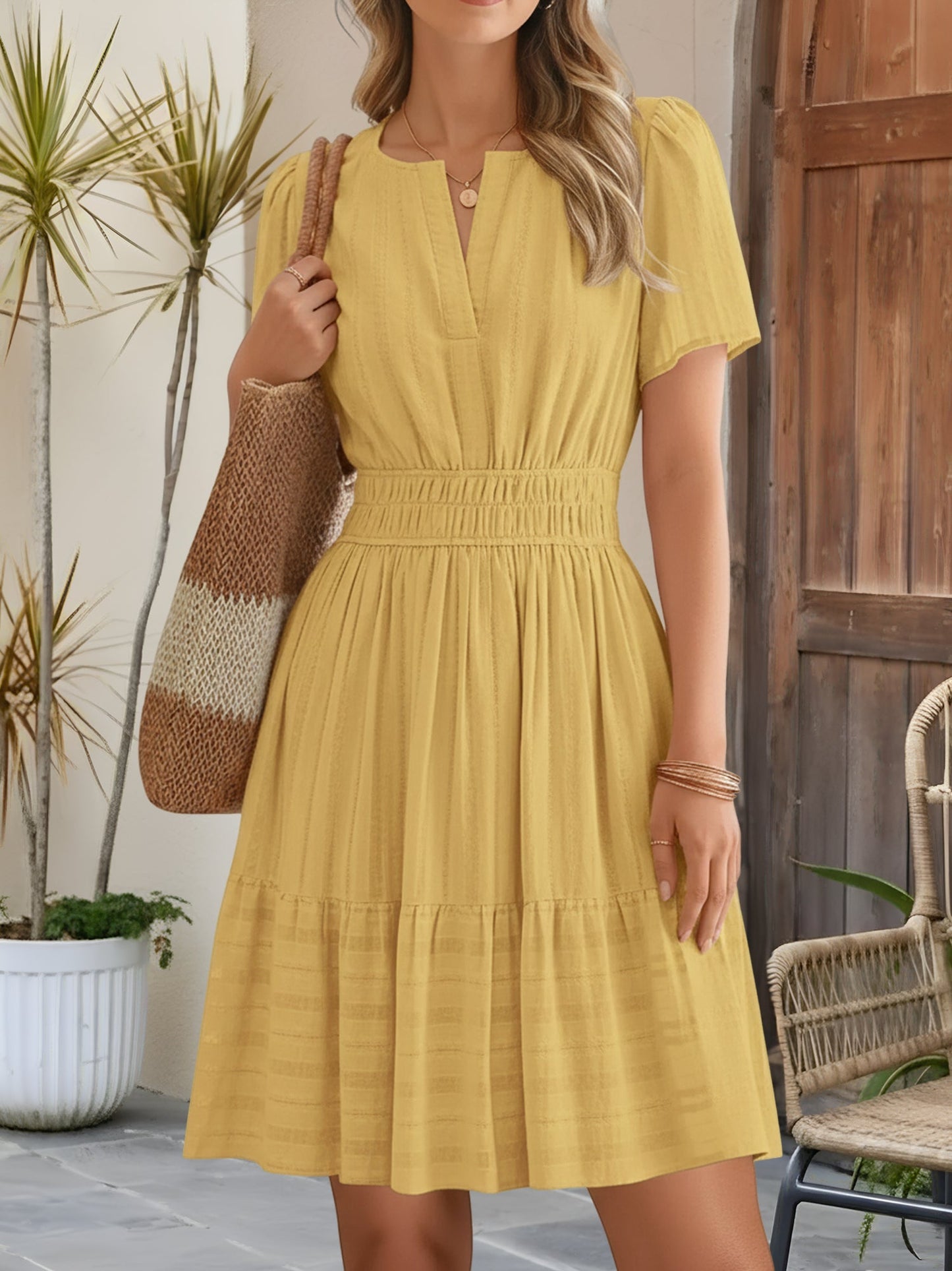 Effortless Yellow Midi Dress for Women with Notch Neck Smocked Waist Tiered Skirt