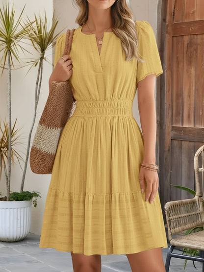 Effortless Yellow Midi Dress for Women with Notch Neck Smocked Waist Tiered Skirt
