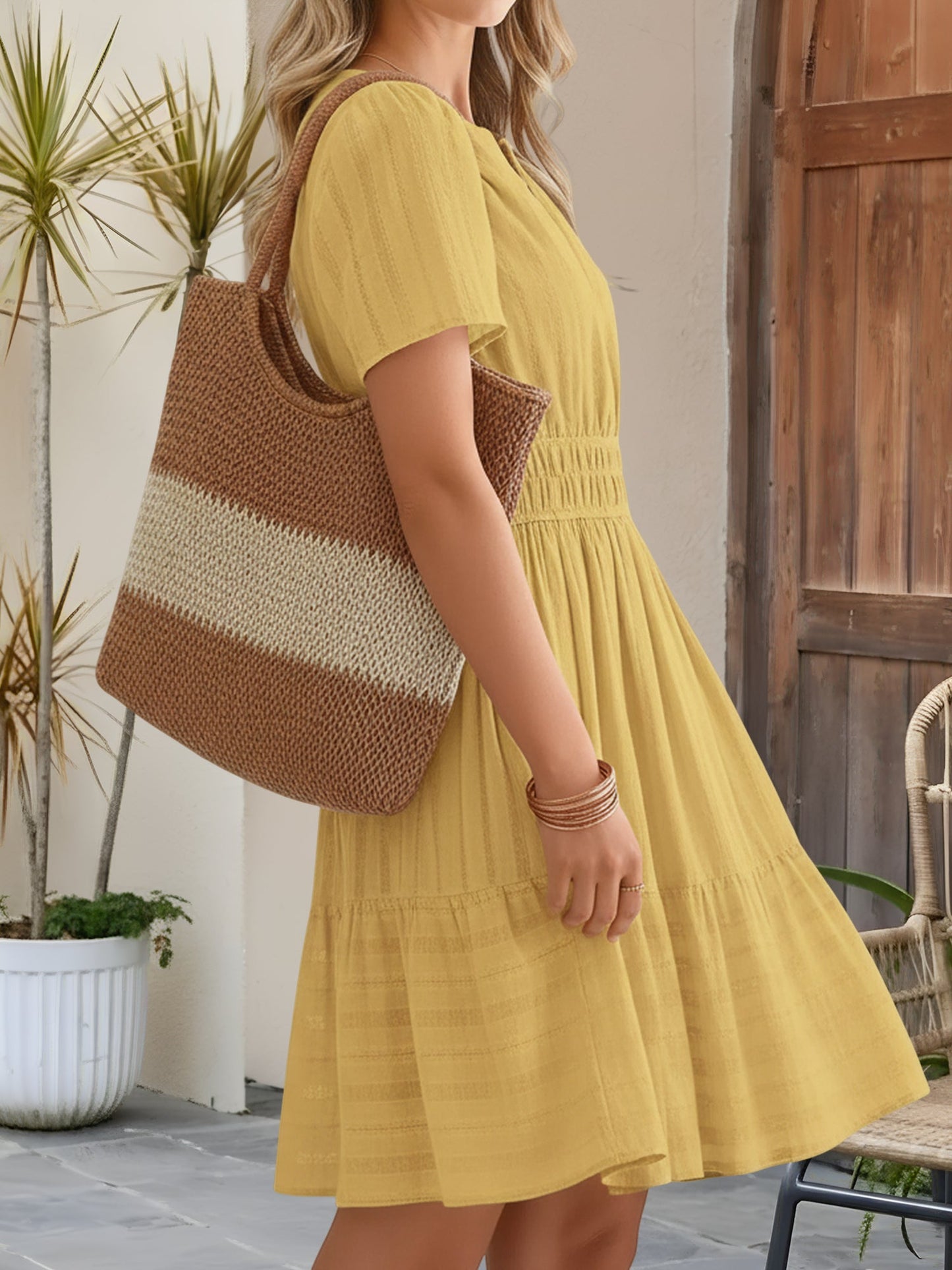 Effortless Yellow Midi Dress for Women with Notch Neck Smocked Waist Tiered Skirt