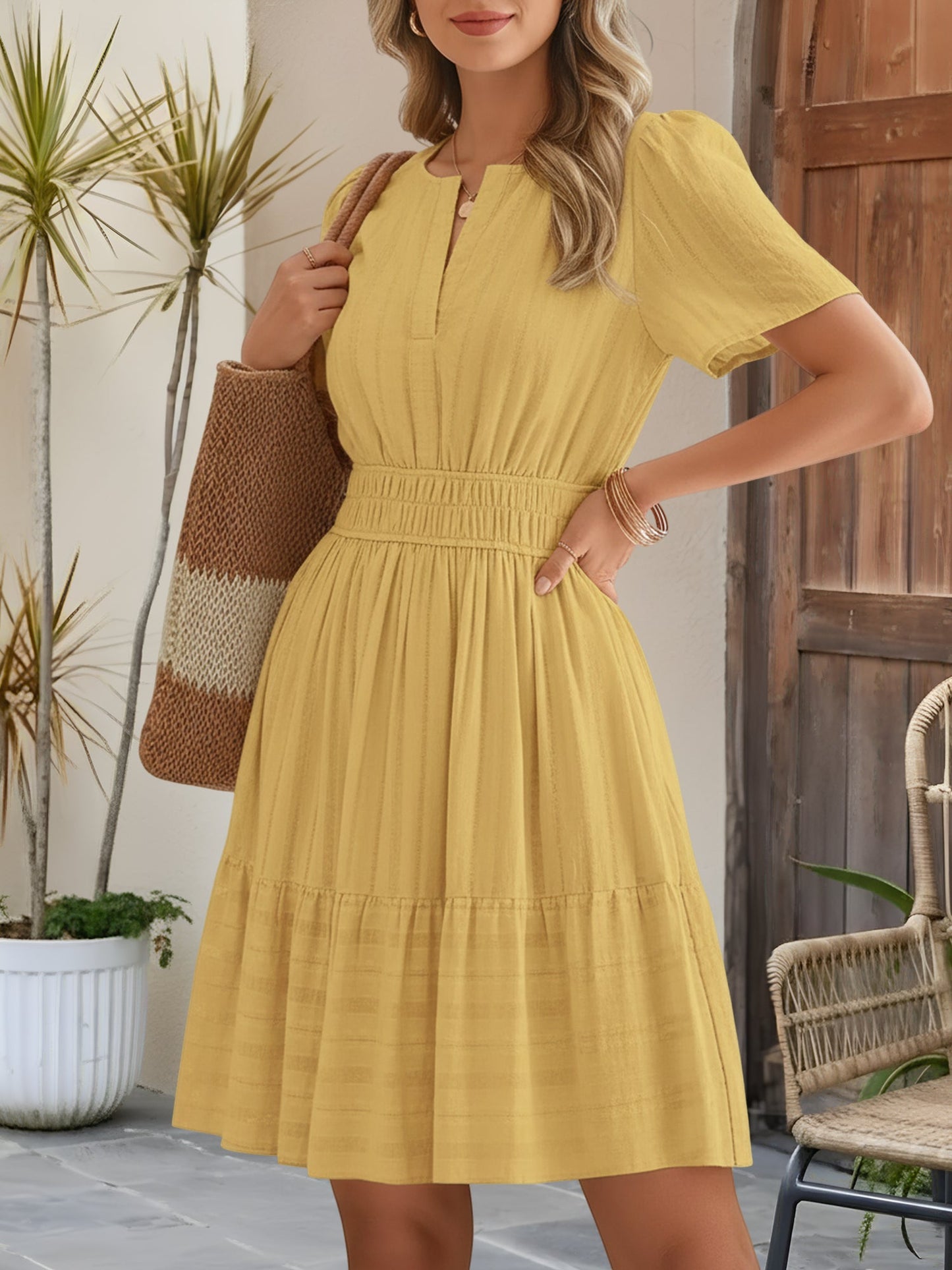 Effortless Yellow Midi Dress for Women with Notch Neck Smocked Waist Tiered Skirt