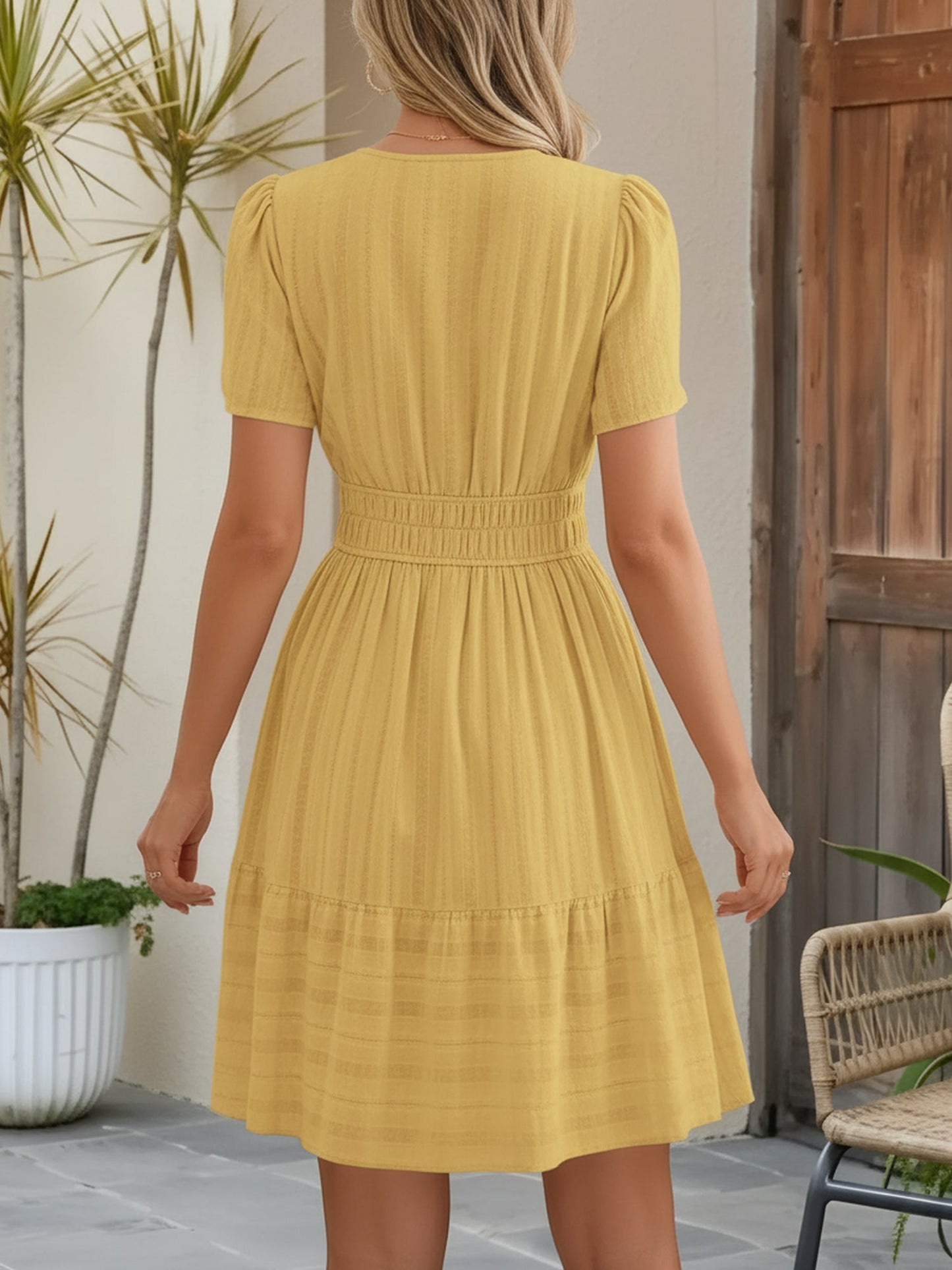 Effortless Yellow Midi Dress for Women with Notch Neck Smocked Waist Tiered Skirt