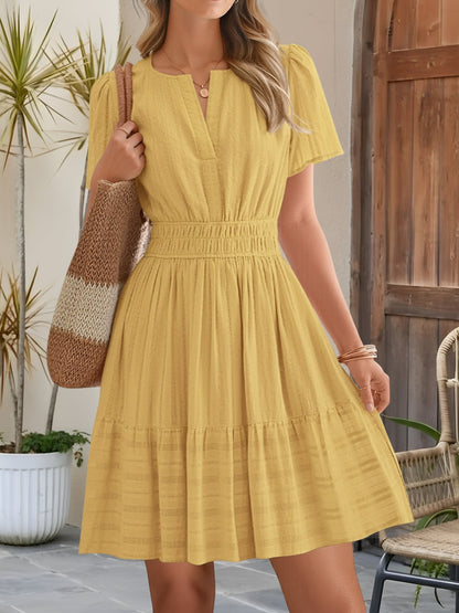 Effortless Yellow Midi Dress for Women with Notch Neck Smocked Waist Tiered Skirt