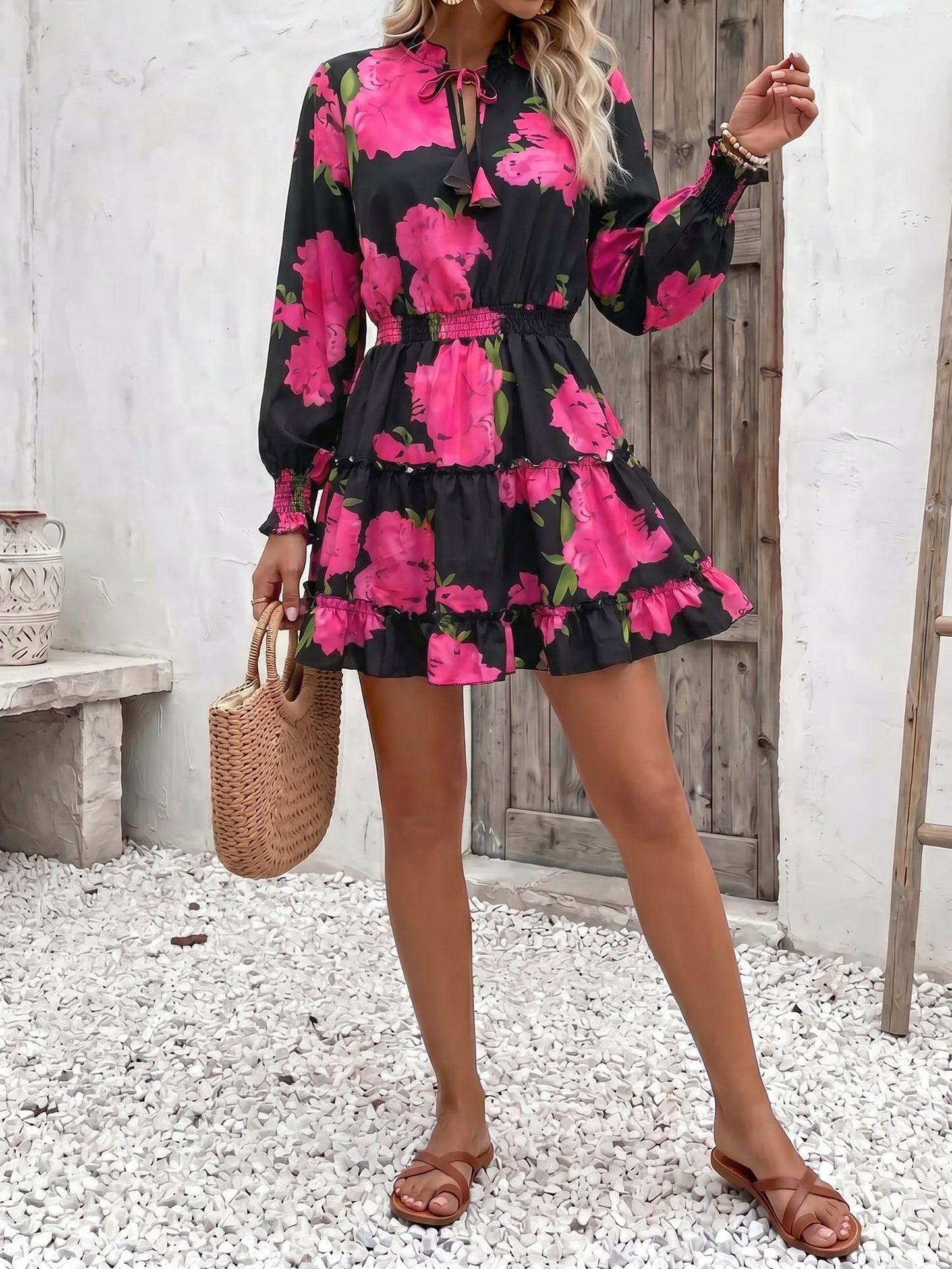 Effortless Floral Mini Dress for Women with V Neck Long Sleeve Tiered Flowy Style