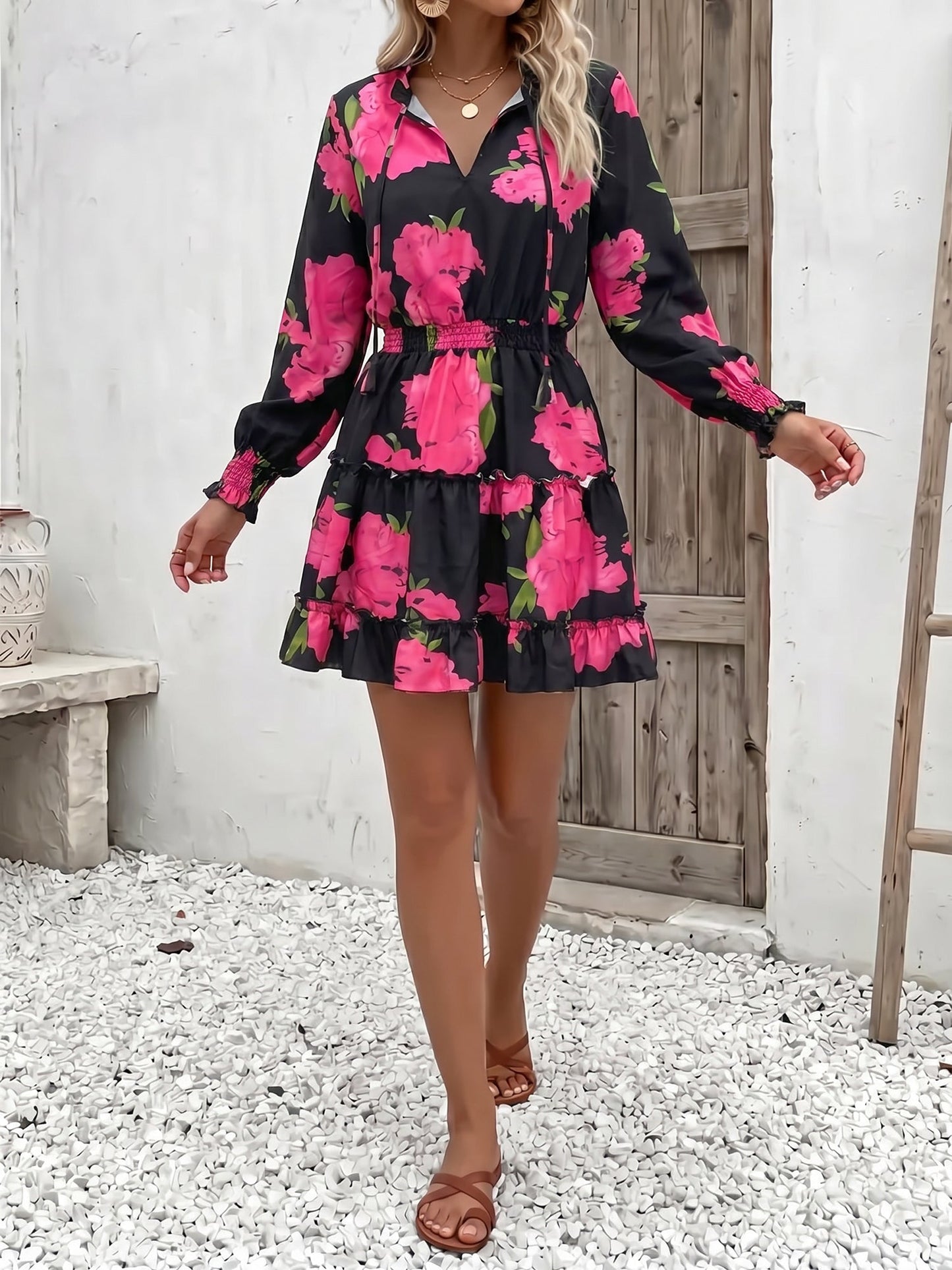 Effortless Floral Mini Dress for Women with V Neck Long Sleeve Tiered Flowy Style