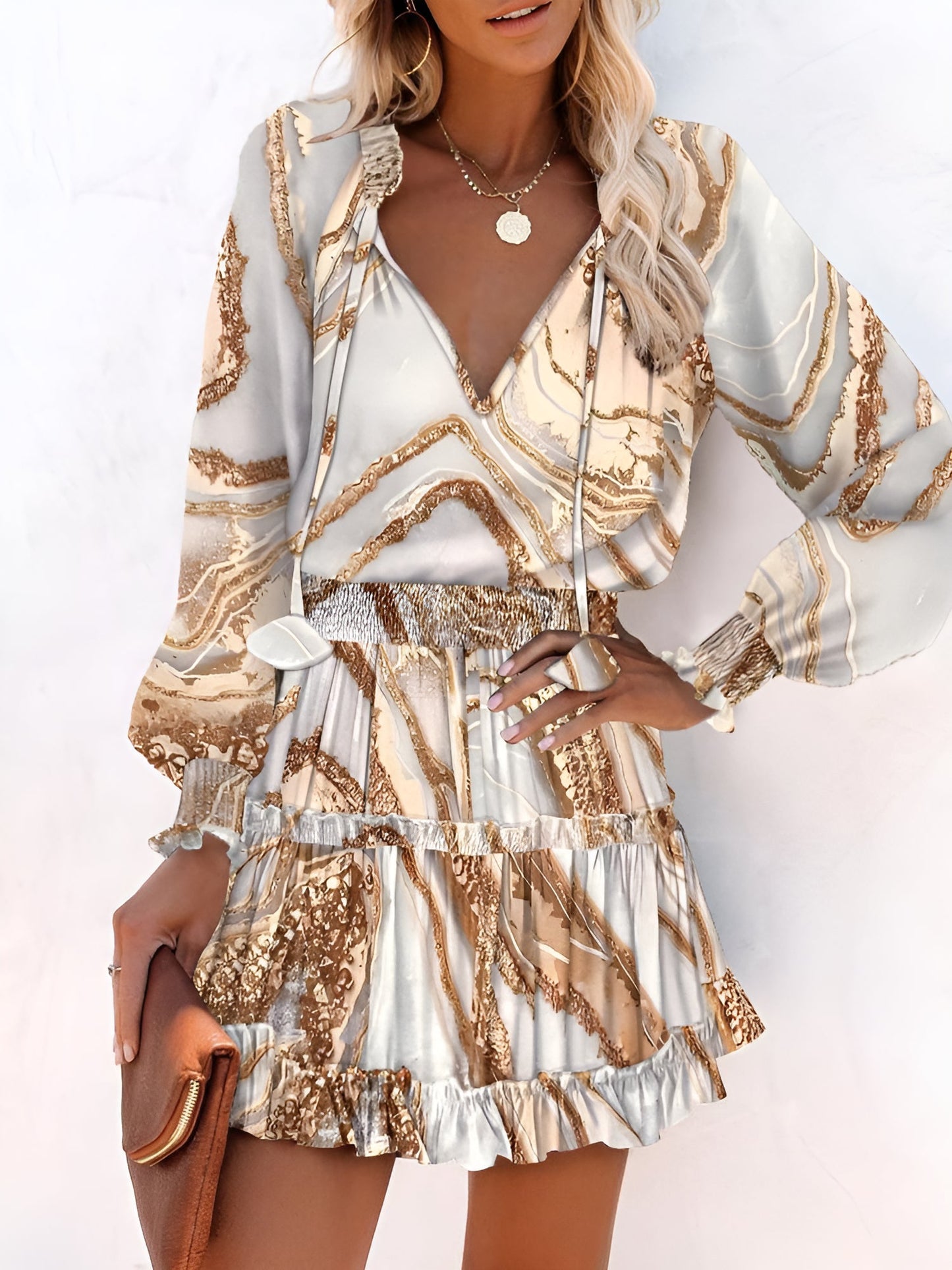 Effortless Floral Mini Dress for Women with V Neck Long Sleeve Tiered Flowy Style