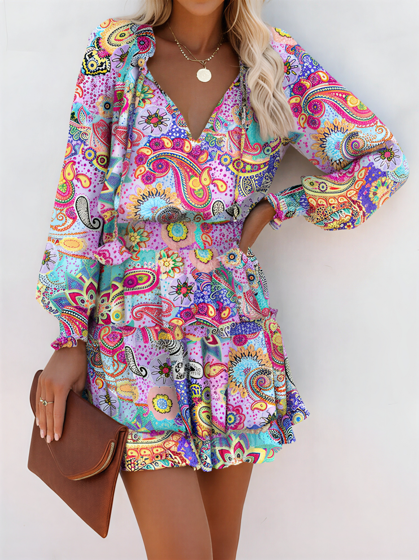 Effortless Floral Mini Dress for Women with V Neck Long Sleeve Tiered Flowy Style
