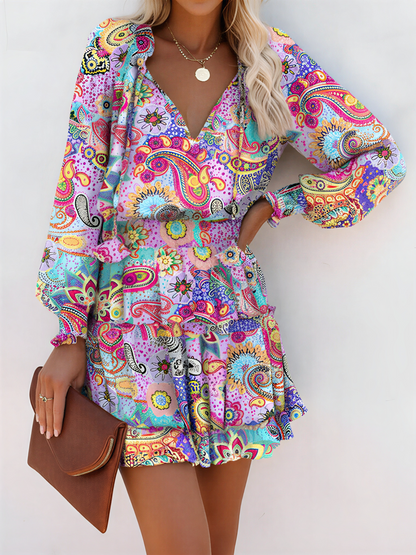 Effortless Floral Mini Dress for Women with V Neck Long Sleeve Tiered Flowy Style