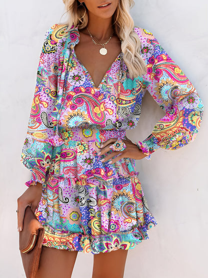 Effortless Floral Mini Dress for Women with V Neck Long Sleeve Tiered Flowy Style