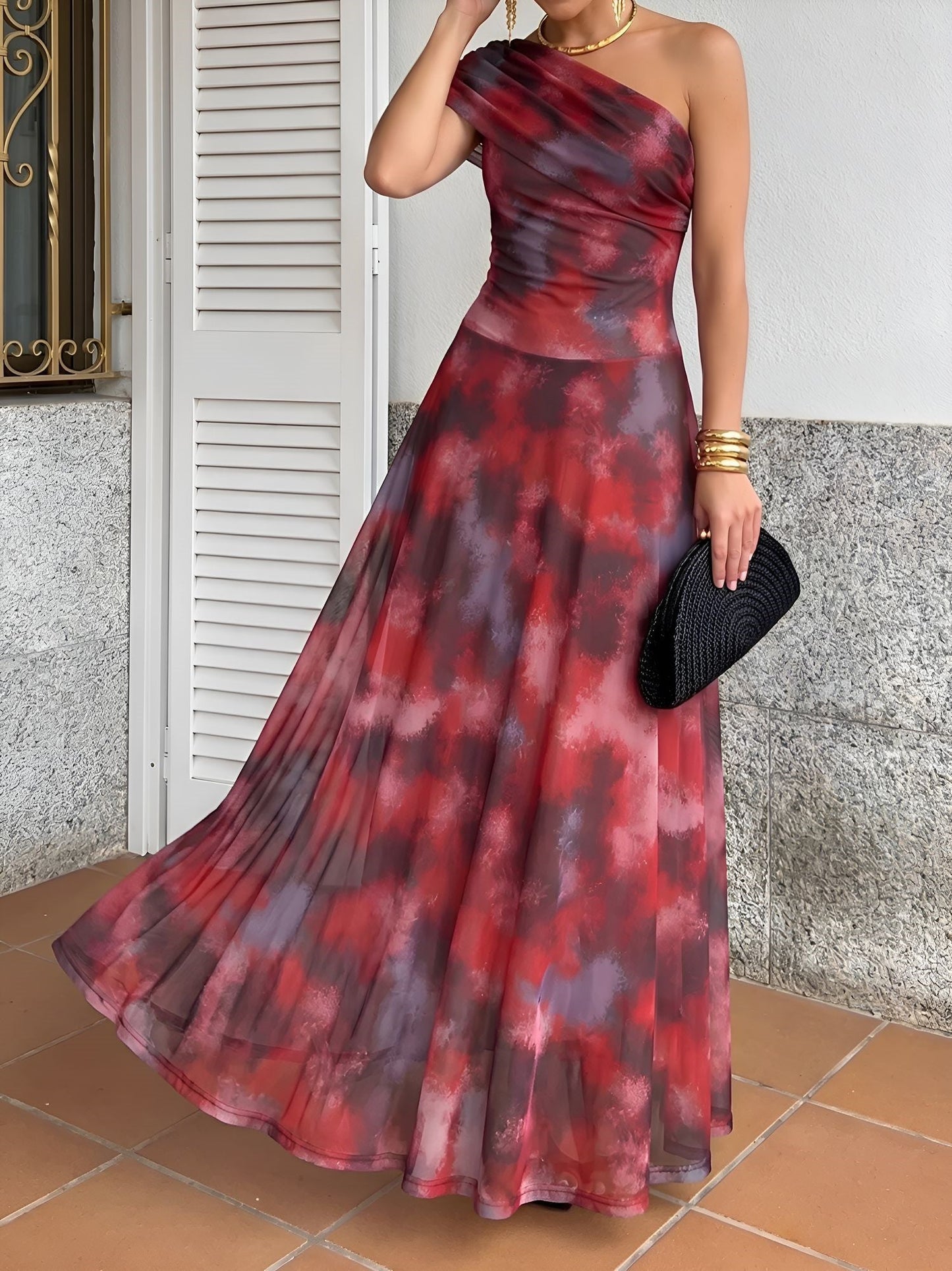 Elegant A Line Wedding Dress for Women with One Shoulder Tie Dye Print Maxi