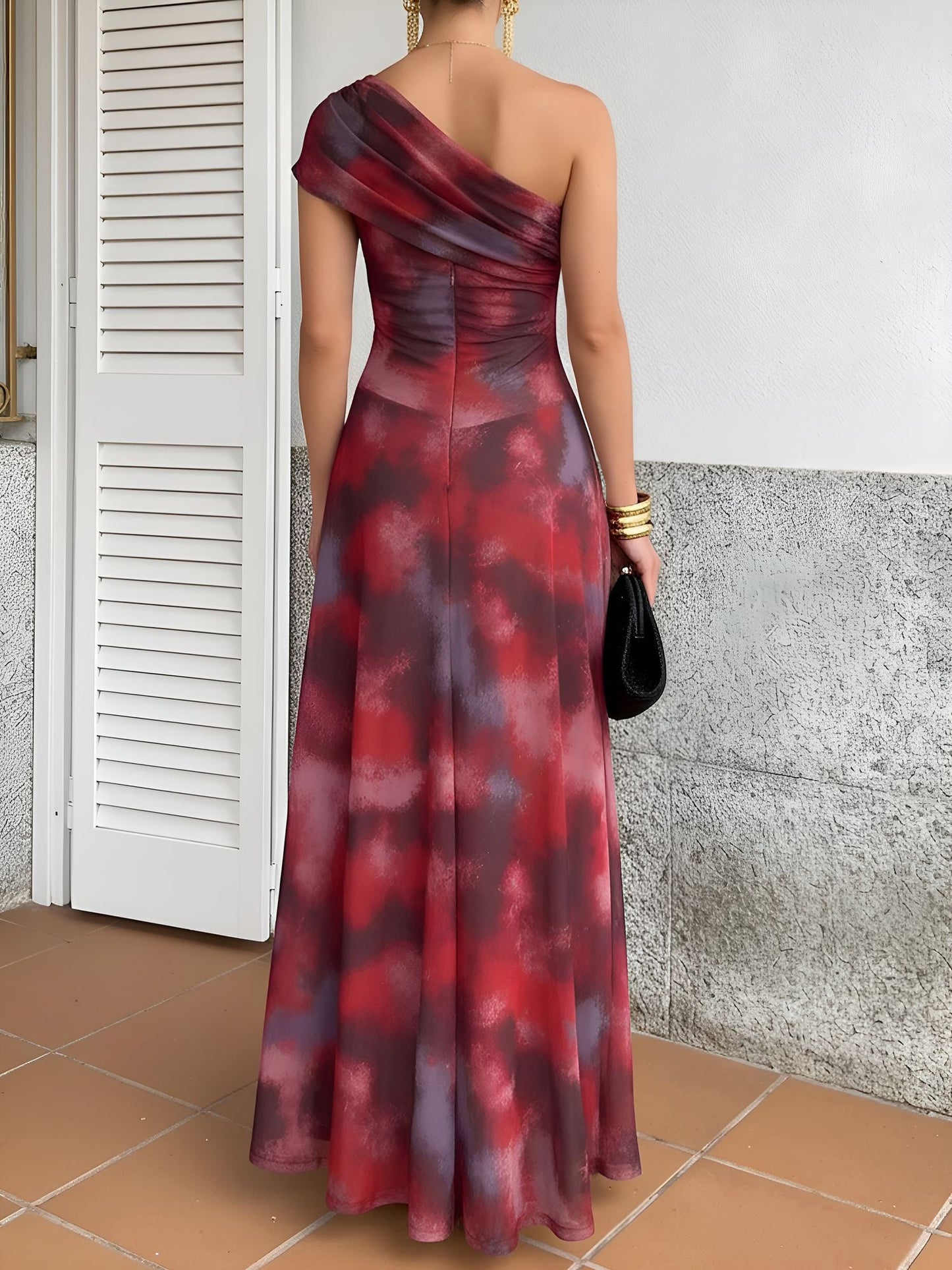 Elegant A Line Wedding Dress for Women with One Shoulder Tie Dye Print Maxi