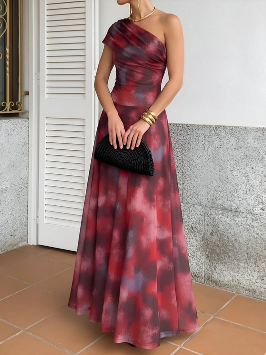 Elegant A Line Wedding Dress for Women with One Shoulder Tie Dye Print Maxi