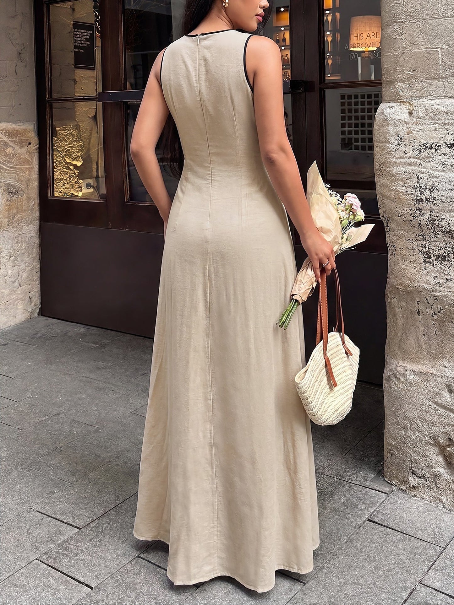 Effortless Khaki A Line Wedding Dress for Women with V Neck Tie Front Linen