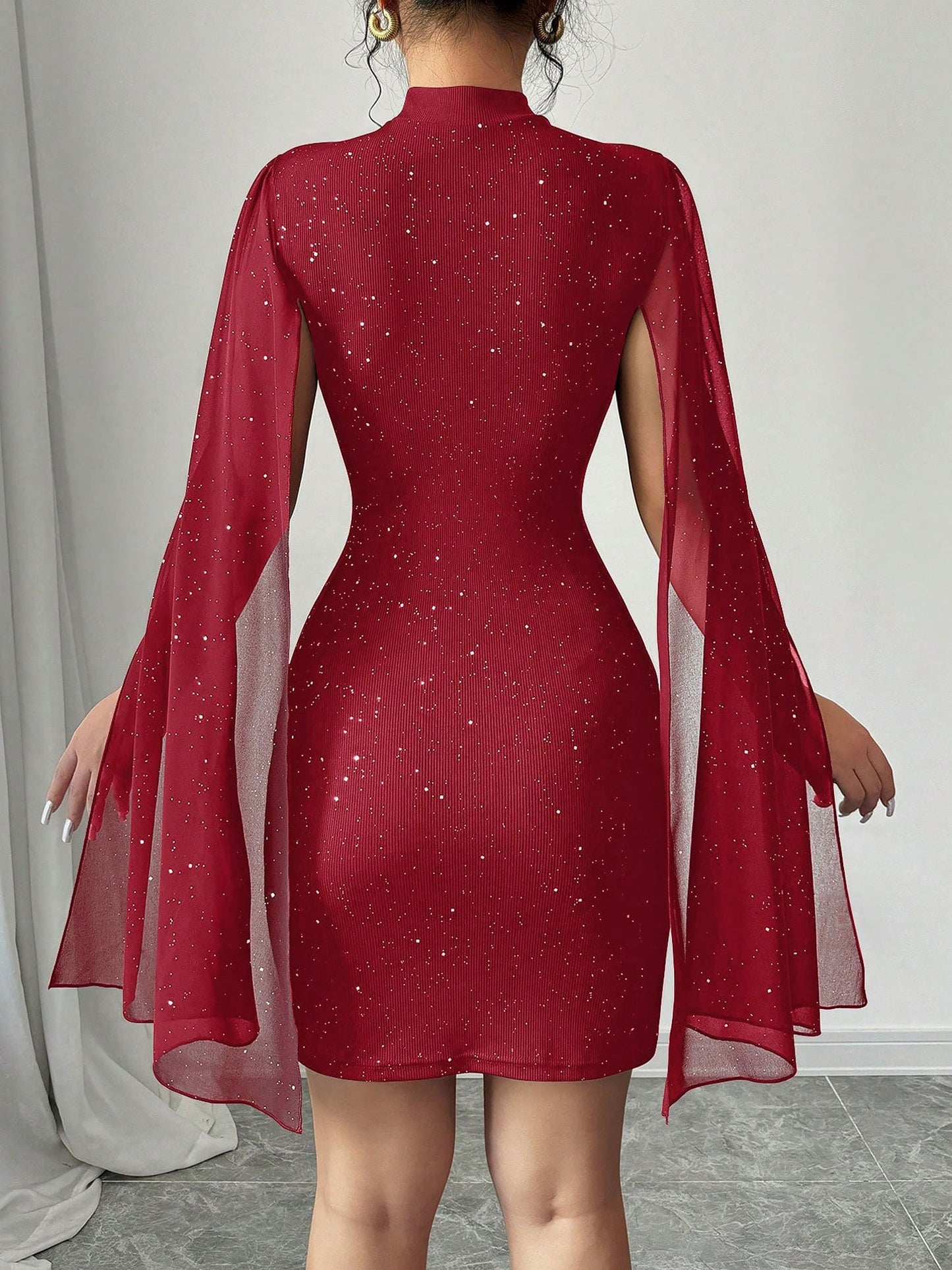 Elegant Sequin Birthday Dress for Women with Cutout High Neck Cape Sleeve